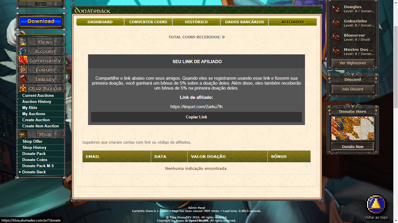 Sistema de afiliados para sites de Tibia MYAAC, GESIOR E ZNOTE