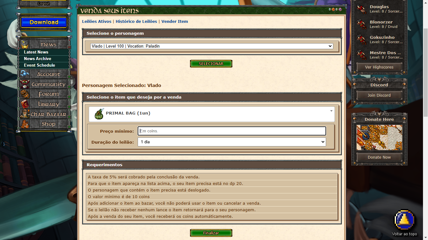 [MYAAC/GESIOR/ZNOTE] Sistema de Leilão ou Bazar de Items