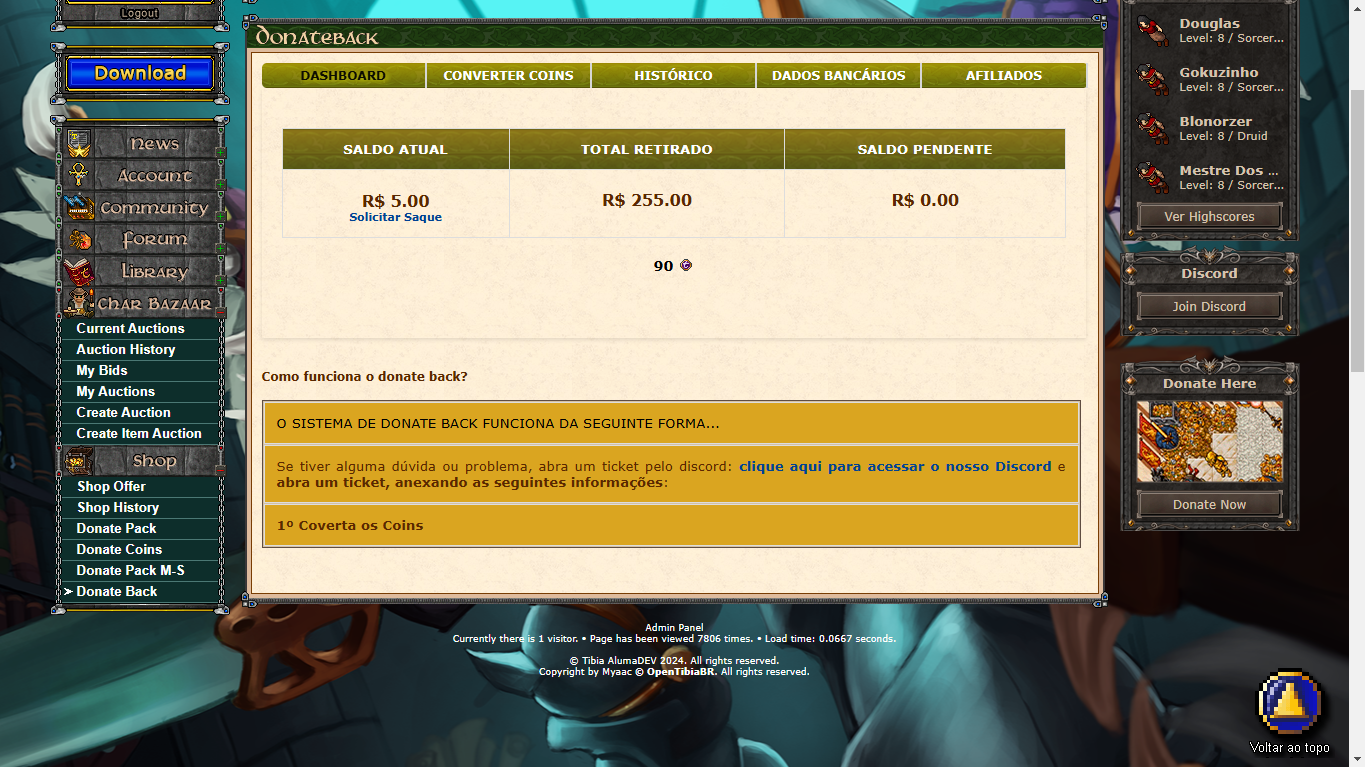 Sistema de Donate Back ou NFT - Tibia MYAAC, GESIOR E ZNOTE