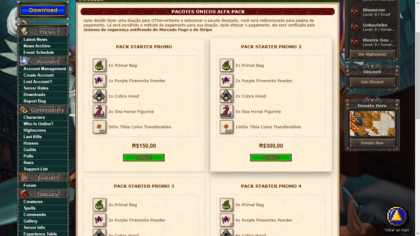 Sistema de Doação de Pacotes - Mercado Pago, Stripe e PoloPag PIX para sites de Tibia