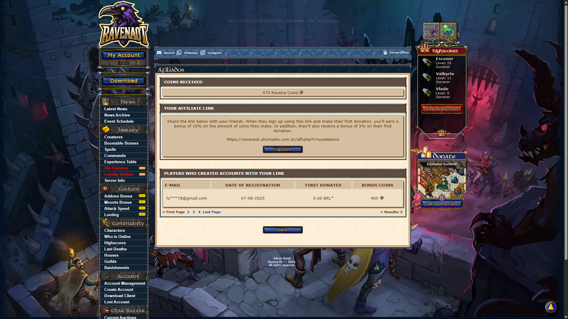Sistema de afiliados para sites de Tibia MYAAC, GESIOR E ZNOTE